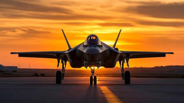 F-35 Lightning II stealth fighter jet silhouetted against a vibrant sunset, showcasing its powerful design and advanced technology on a runway. : Generative AI