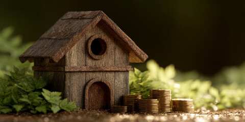 Wooden birdhouse miniature beside stacks of gold coins, nestled in greenery, showcasing homeownership, savings, investment, or financial security concept
