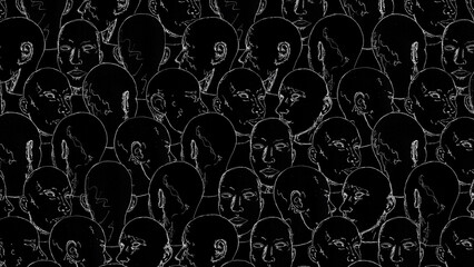 A looping background pattern of hand drawn sketch style objects in a white outline style on a black background.