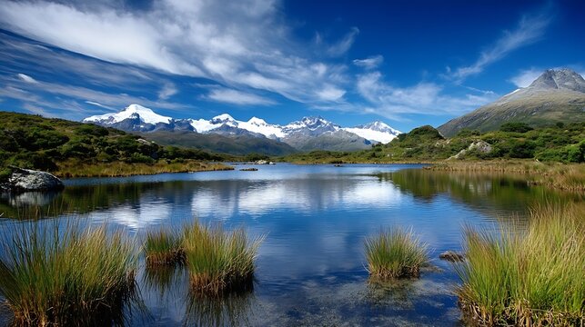 Serene mountain lake reflecting snow-capped peaks under a vibrant blue sky, lush green vegetation lines the tranquil water's edge. : Generative AI - Powered by Adobe