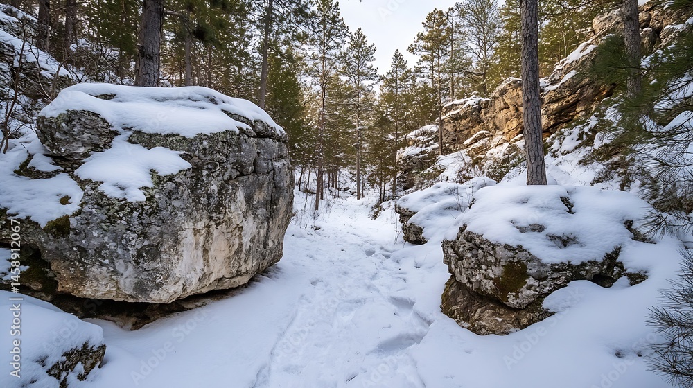 Poster snowy pathway between large rocks in a winter pine forest. footprints in the snow lead deeper into t