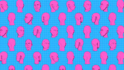 A background pattern of hand drawn pink sketch style heads in a white outline style on a blue background.