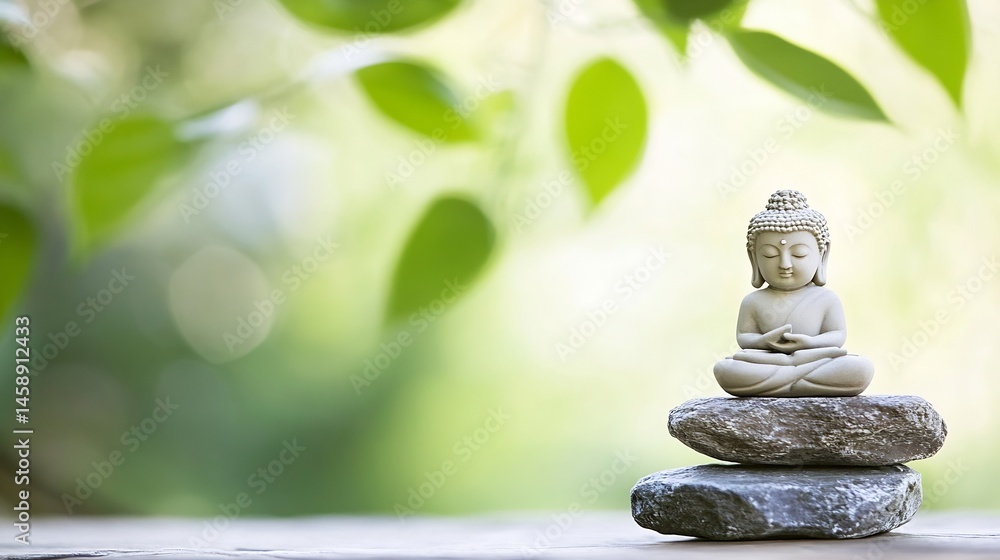 Aufkleber serene buddha statue meditates atop stacked stones, nestled in a tranquil garden with soft green fol
