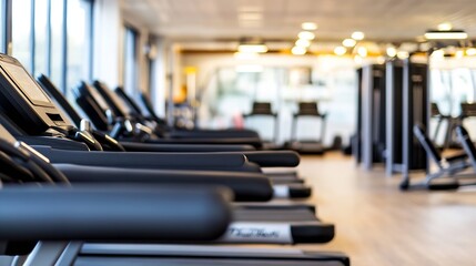 Fototapeta premium Row of modern treadmills in a bright, spacious gym, showcasing sleek design and fitness equipment. The background is blurred, emphasizing the treadmills. : Generative AI