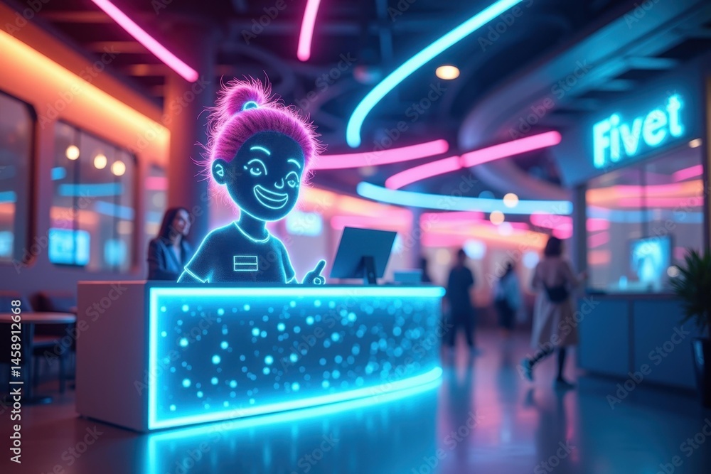 Poster futuristic neon robot receptionist with glowing interface assisting customers in modern tech lobby, 