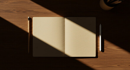 An open notebook sits on a wooden table, partially illuminated by sunlight, with pencils nearby.