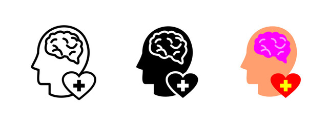 Mental health icon. Human head with brain, heart and medical cross vector illustration. Represents psychological well-being and emotional care symbol. Therapy and support sign. Psychiatry pictogram.