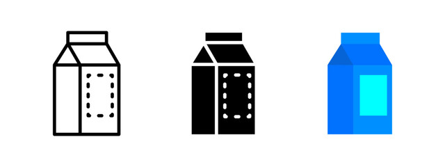 Milk carton icon. Rectangular blue beverage container with label vector illustration. Used for packaging dairy drinks symbol. Grocery product and breakfast sign. Food pictogram.