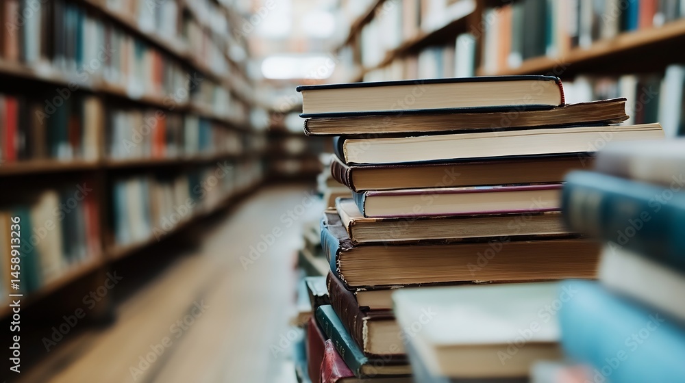 Poster A stack of old books rests in a library, surrounded by countless others on shelves, creating a scene of quiet study and learning. : Generative AI