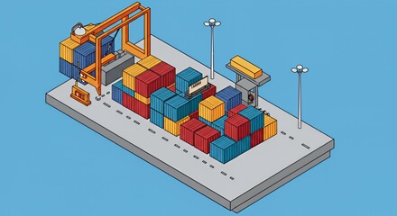 Isometric Illustration of a Cargo Port with Containers Being Loaded onto a Barge