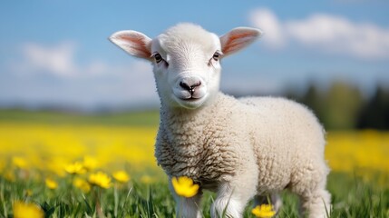 Fototapeta premium Adorable white lamb standing in a vibrant yellow dandelion field, under a bright blue sky, looking directly at the camera. : Generative AI