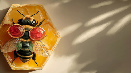 A quirky digital illustration of a bee wearing red sunglasses, resting on a golden honeycomb with soft shadows. A fun concept blending nature, style, and humor.