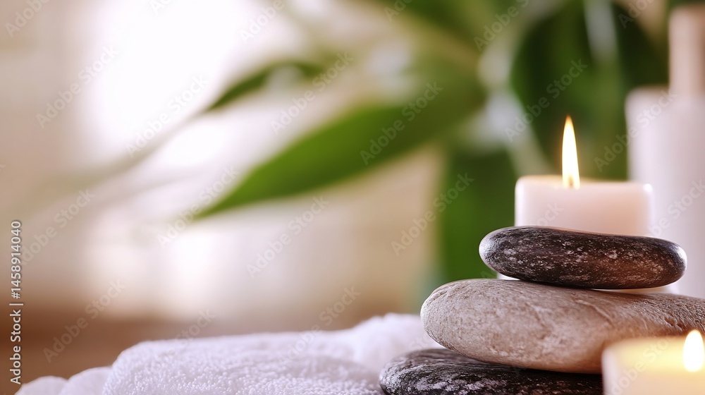 Poster serene spa setting with stacked stones, lit candles, and a soft white towel, creating a tranquil and