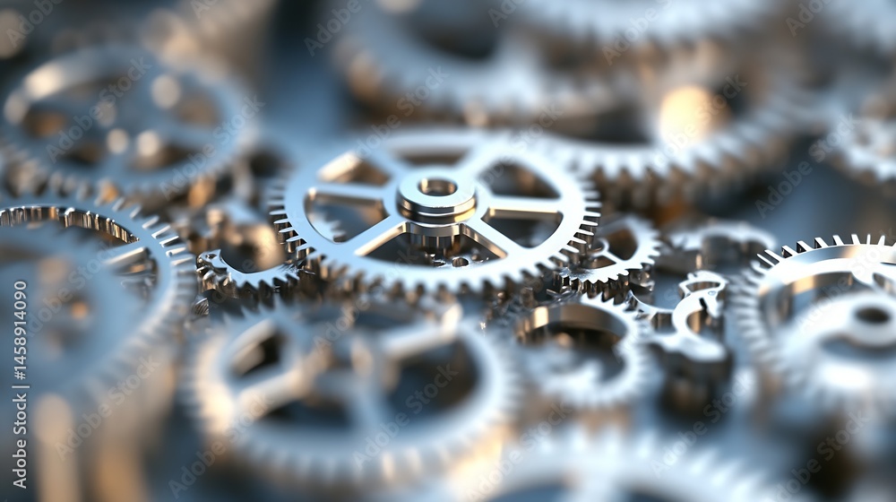 Leinwandbilder close-up view of intricate silver gears interlocked, showcasing precision engineering and mechanical