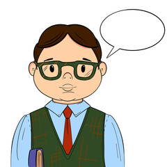 Cartoon Illustration with Student with a Book and talking Bubble. Transparent background