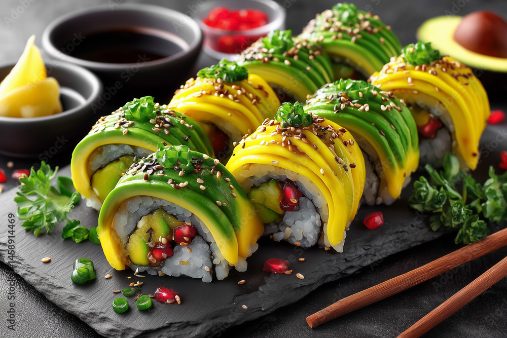 Poster vegan sushi rolls artfully arranged on slate with avocado and mango filling visible. studio setting 