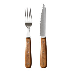 knife and fork with wooden handle on transparent background