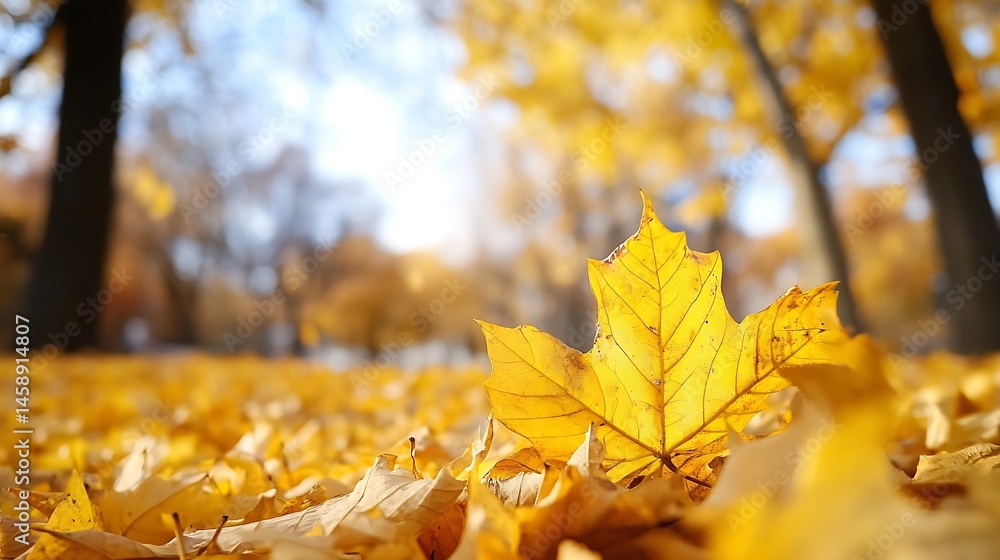 Aufkleber single yellow maple leaf rests on a carpet of fallen autumn leaves in a park, sunlight illuminating 