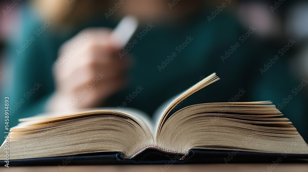 Poster close-up of an open book's pages, showing the texture and detail of aged paper; a blurred figure in 