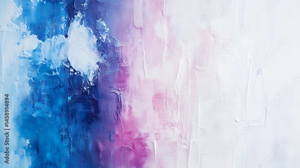 Poster abstract painting with blue, purple, and white hues, showcasing thick impasto texture and a gradient