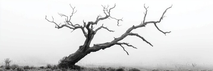 Dead tree in a misty landscape