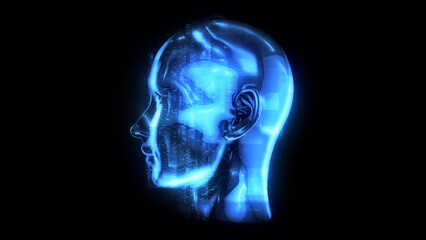 Digital blue holographic anatomy with glowing glitch effects.