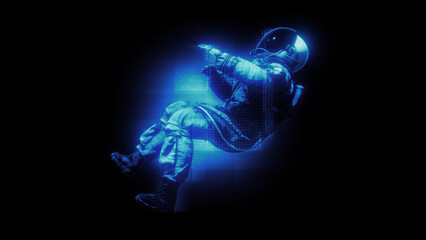 An astronaut character in a digital holographic effect style.