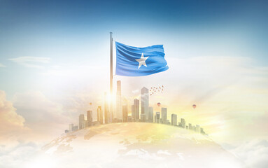 Somalia flag wavering on globe with modern building skyline. Flag waving on world map. Somalia national flag for independence day.