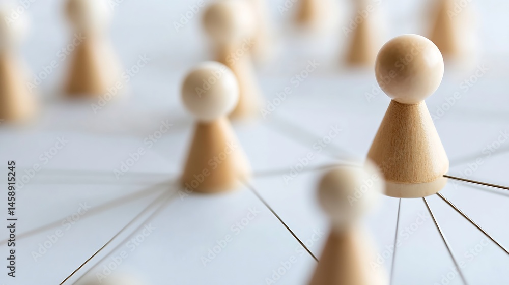 Aufkleber Wooden figures connected by thin wires, forming a network; a central figure stands out, symbolizing leadership or connection in a team or organization. : Generative AI