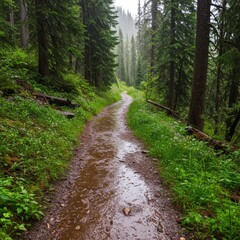 Muddy Trail Through Lush Green Forest on a Rainy Day