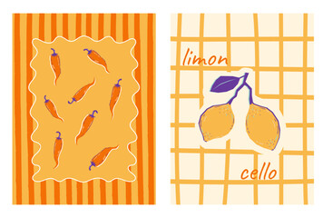 Set of abstract food posters with geometric lemon fruit and chili peppers. Contemporary art prints in colorful italian style. Whimsical wall art. Vector graphic