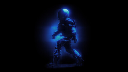 An astronaut character in a digital holographic effect style.