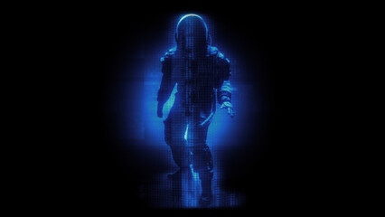 An astronaut character in a digital holographic effect style.