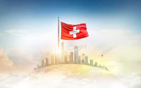 Switzerland flag wavering on globe with modern building skyline. Flag waving on world map. Switzerland national flag for independence day. - Powered by Adobe
