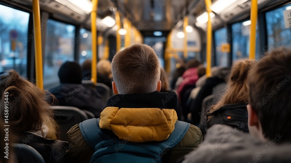 Poster rear view of a young man with a backpack sitting on a public bus, surrounded by other passengers dur
