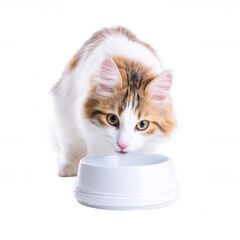 A curious cat approaches its empty white food bowl, ready for a meal. The cat's fur is fluffy and soft, showcasing a mix of colors that add to its charm.