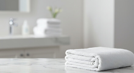 A neatly folded white towel rests on a marble surface in a bright bathroom setting with blurred background details.