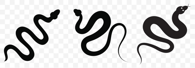 Black Silhouettes of  Three Snakes in Different Postures on Transparent Background. EPS 10.