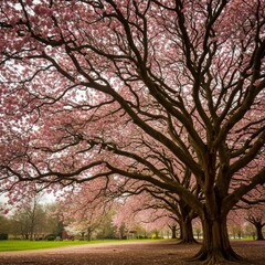 Obraz premium Pink Cherry Blossom Tree in Full Bloom in a Park