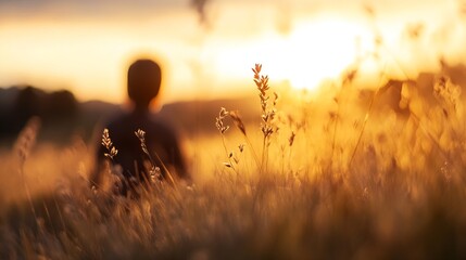 Fototapeta premium Silhouette of a person meditating in a field of tall grass at sunset, bathed in warm golden light, peaceful and serene atmosphere. : Generative AI
