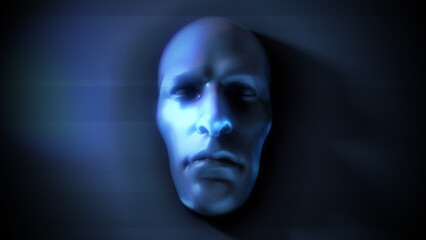 A dark eerily lit digital face with glitch and glow effects.