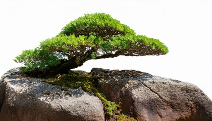 elegant bonsai tree on a rock formation with lush green foliage isolated on transparent background