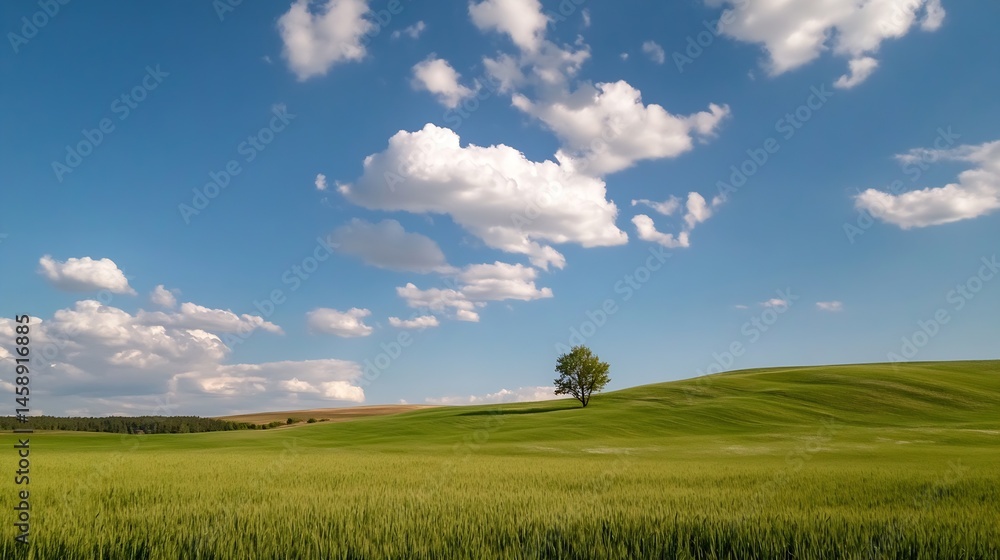 Poster solitary tree stands on a gently rolling green hill under a vibrant blue sky dotted with fluffy whit