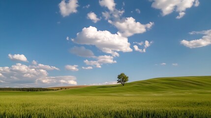 Fototapeta premium Solitary tree stands on a gently rolling green hill under a vibrant blue sky dotted with fluffy white clouds, creating a serene and peaceful landscape. : Generative AI
