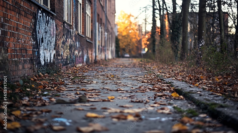 Aufkleber autumn leaves scattered on a pathway between brick buildings with graffiti, creating a tranquil autu