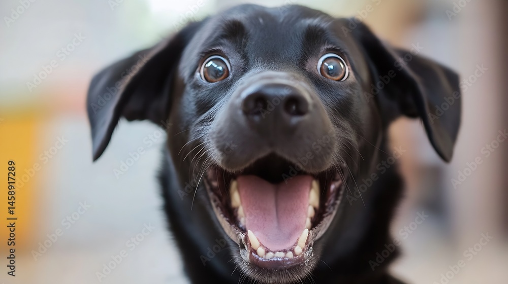 Poster close-up portrait of a happy black dog with wide eyes and open mouth, showing teeth and tongue. the 
