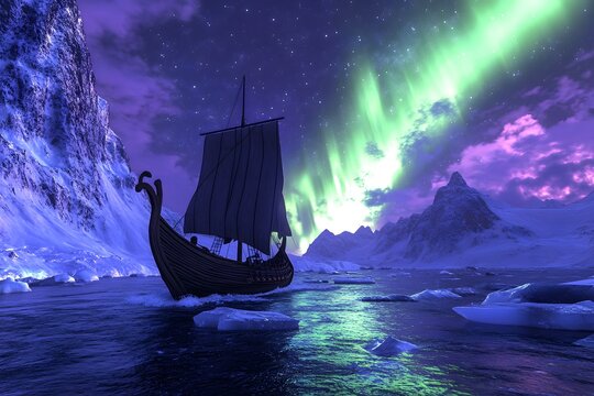 A viking ship sailing through icy waters underneath aurora borealis night sky - Powered by Adobe