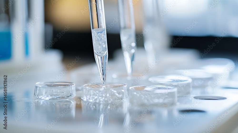 Poster Close-up of a pipette dispensing liquid into small, clear glass containers during a scientific experiment in a laboratory setting. : Generative AI