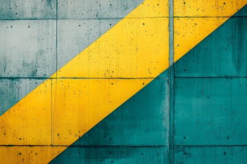 Naklejka premium Abstract Concrete Wall Featuring Diagonal Teal and Yellow Bands and a Rich Textured Backdrop