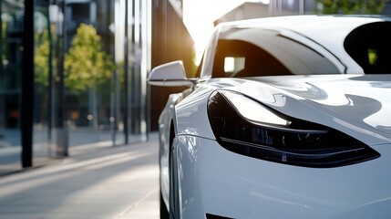 Close-up view of a sleek, white electric car parked near a modern glass building, sunlight reflecting off its polished surface, showcasing its headlight design. : Generative AI